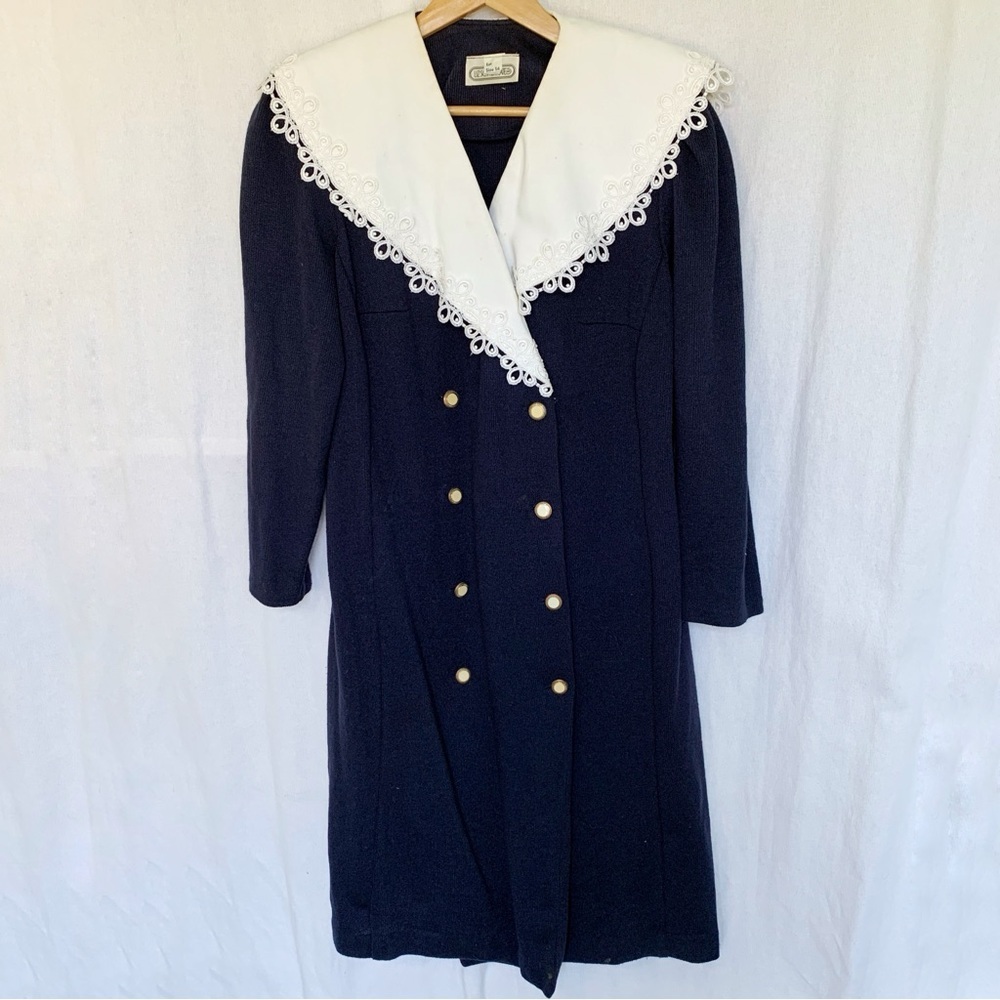 Vintage Liz sophisticates // white collar navy sweater dress size 14 VTG